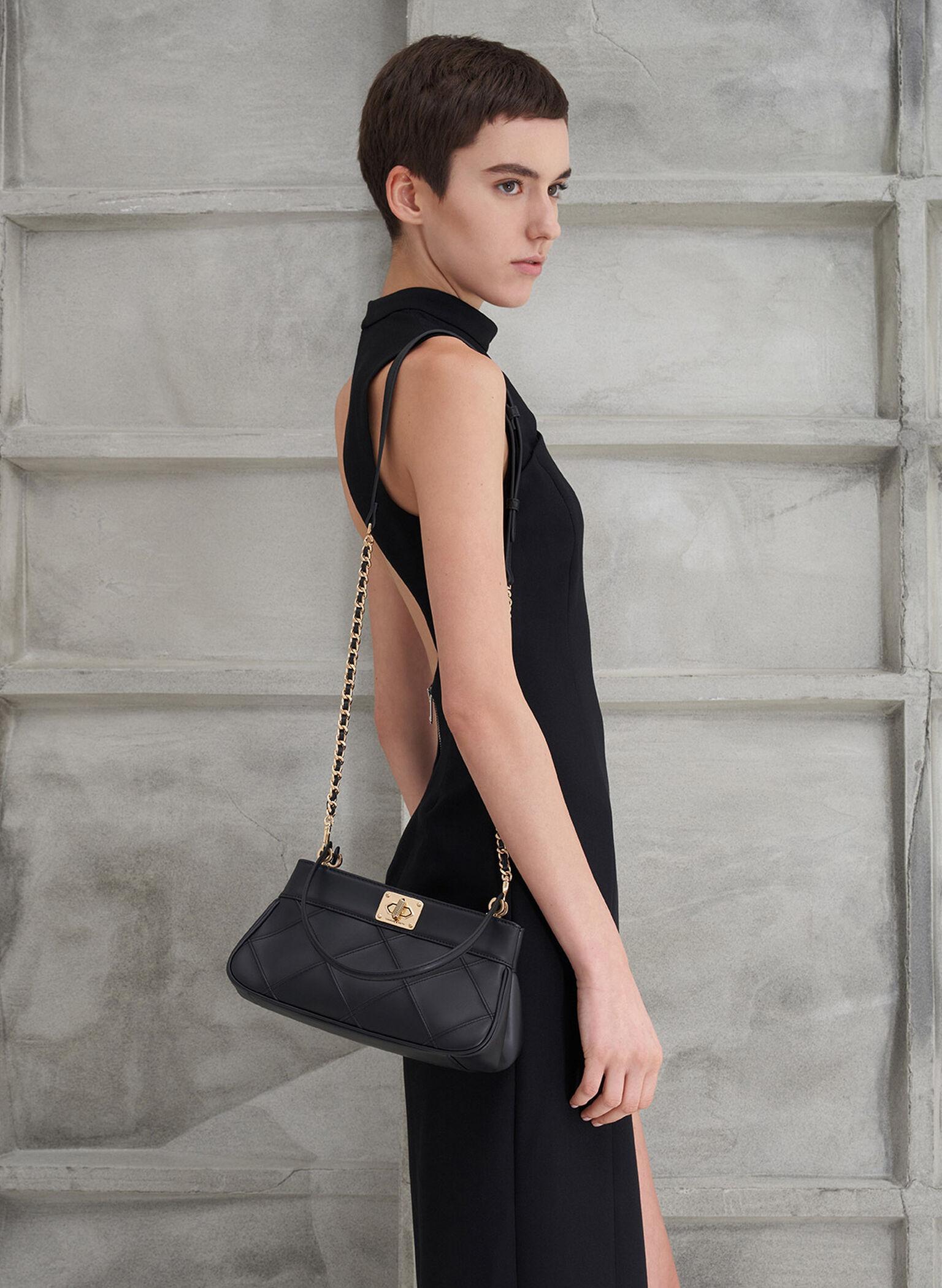 Eleni Quilted Shoulder Bag, Black, hi-res