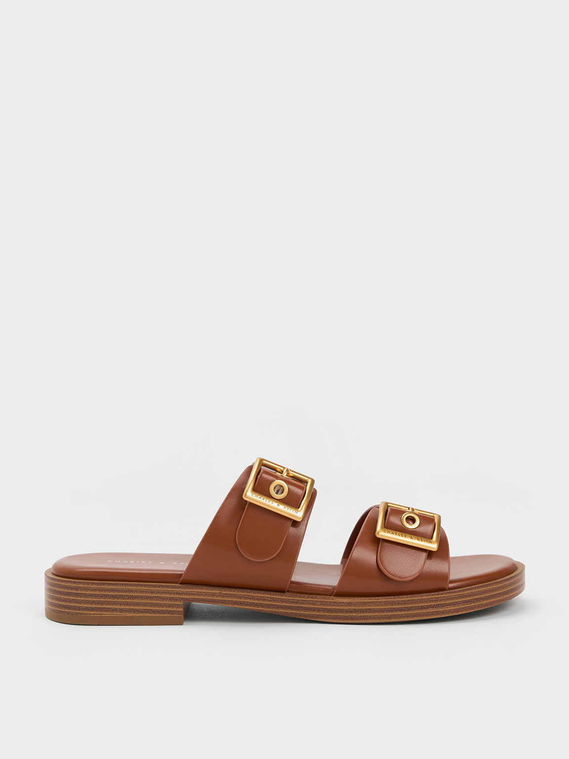 Buckled Double Strap Slide Sandals Cognac