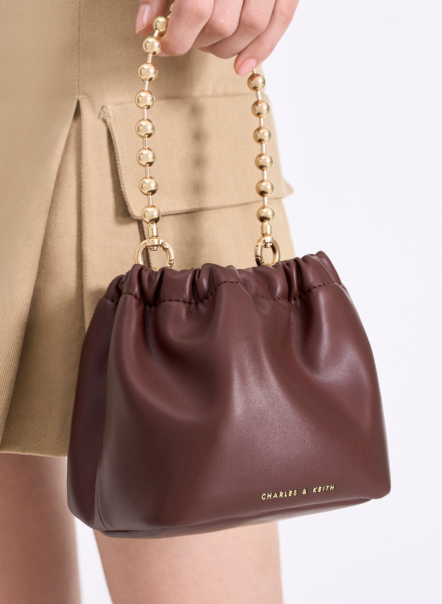 Aldora Beaded Handle Bucket Bag, Dark Chocolate, hi-res