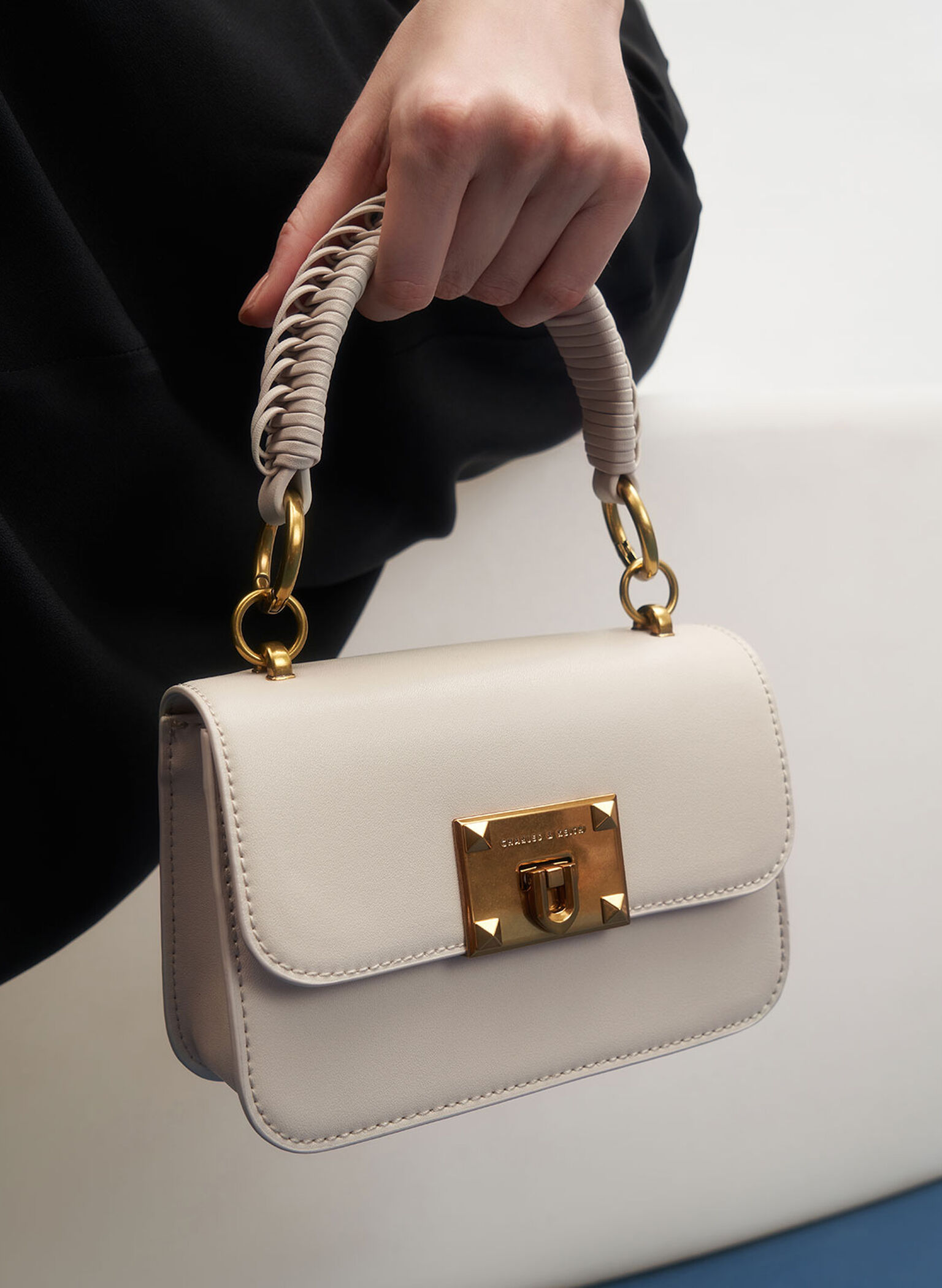 Metallic Turn-Lock Bag, Ivory, hi-res