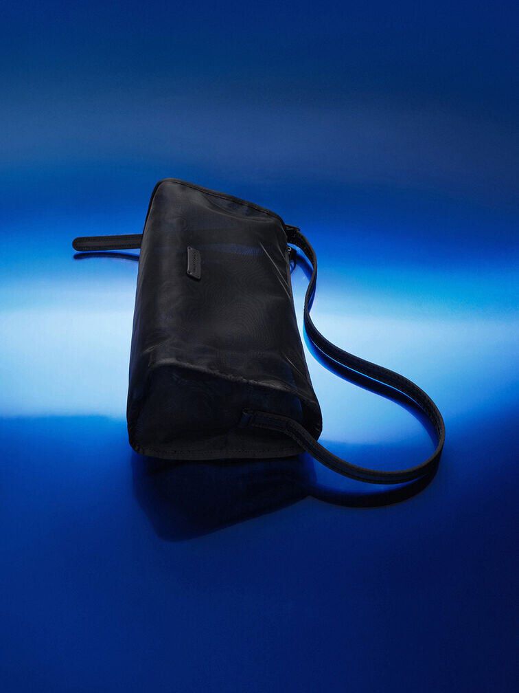 Mesh Elongated Shoulder Bag, Jet Black, hi-res