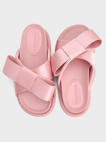 Satin Bow Flatform Sandals, Pink, hi-res