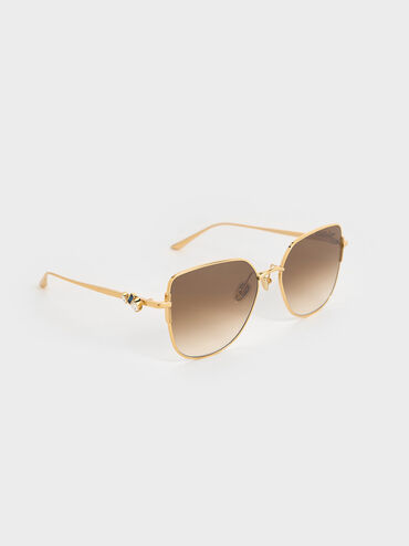 Crystal-Embellished Metal-Rim Butterfly Sunglasses, Gold, hi-res