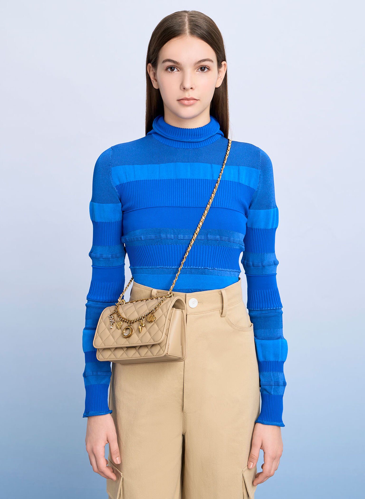 Charm-Embellished Quilted Clutch, Nude, hi-res