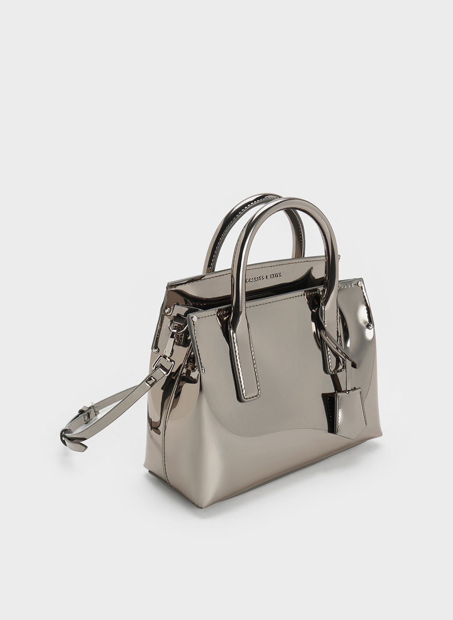 Rene Metallic Structured Top Handle Bag, Pewter, hi-res