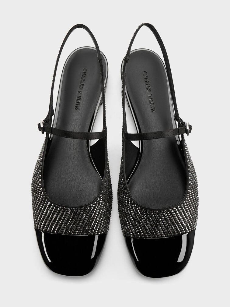 Pearl & Crystal-Embellished Cap-Toe Slingback Mary Jane Flats, Black Textured, hi-res