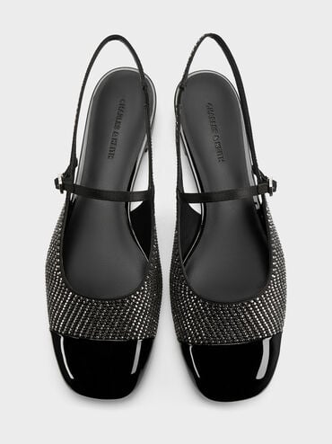Pearl & Crystal-Embellished Cap-Toe Slingback Mary Jane Flats, Black Textured, hi-res