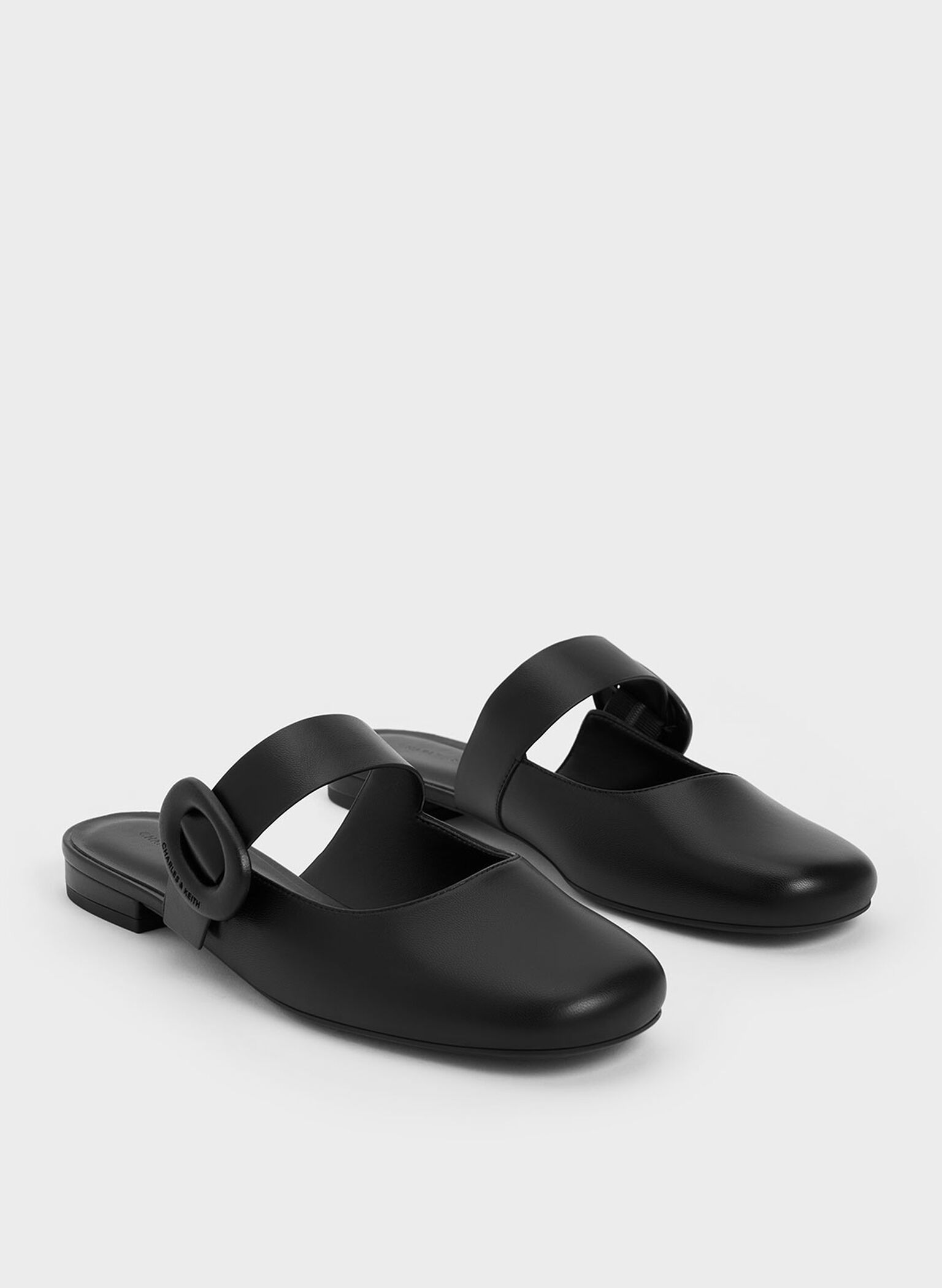 Oval-Buckle Flat Mules, Black, hi-res