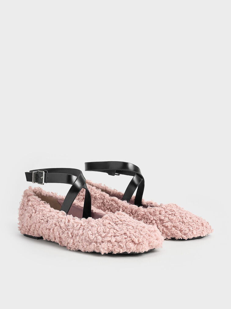Margot Furry Crossover-Strap Ballet Flats, Pink, hi-res