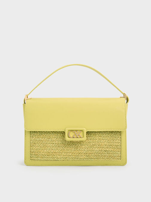 Leather & Raffia Shoulder Bag, Lime, hi-res