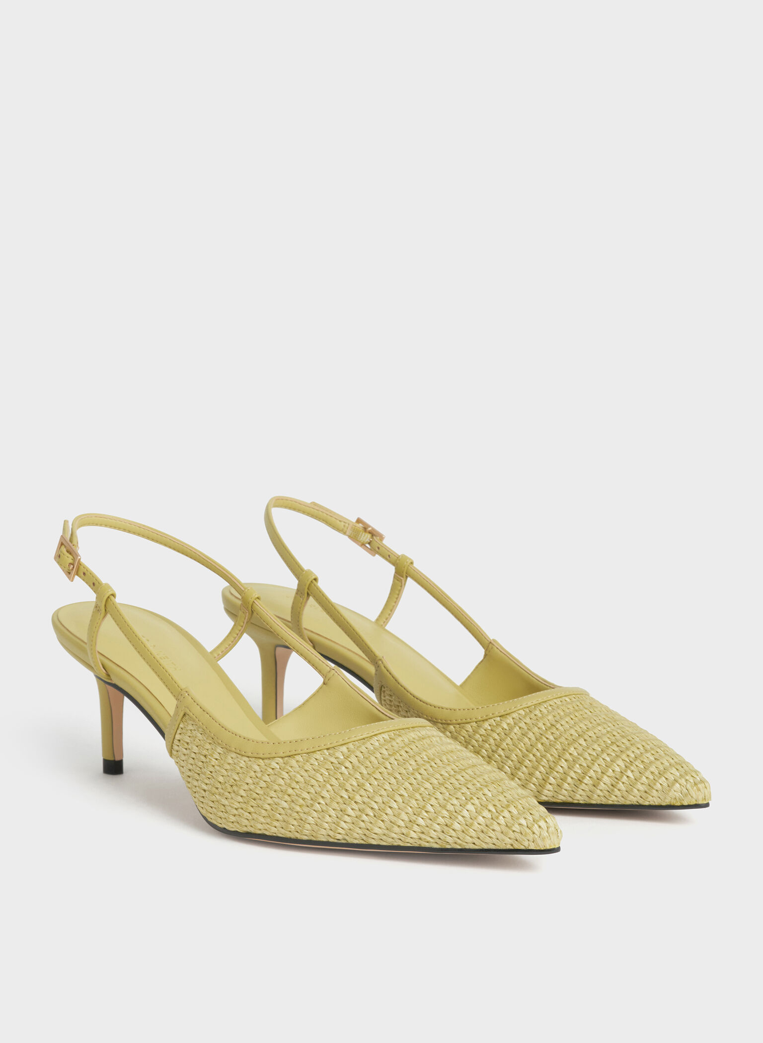 Raffia Pointed-Toe Slingback Pumps, Olive, hi-res