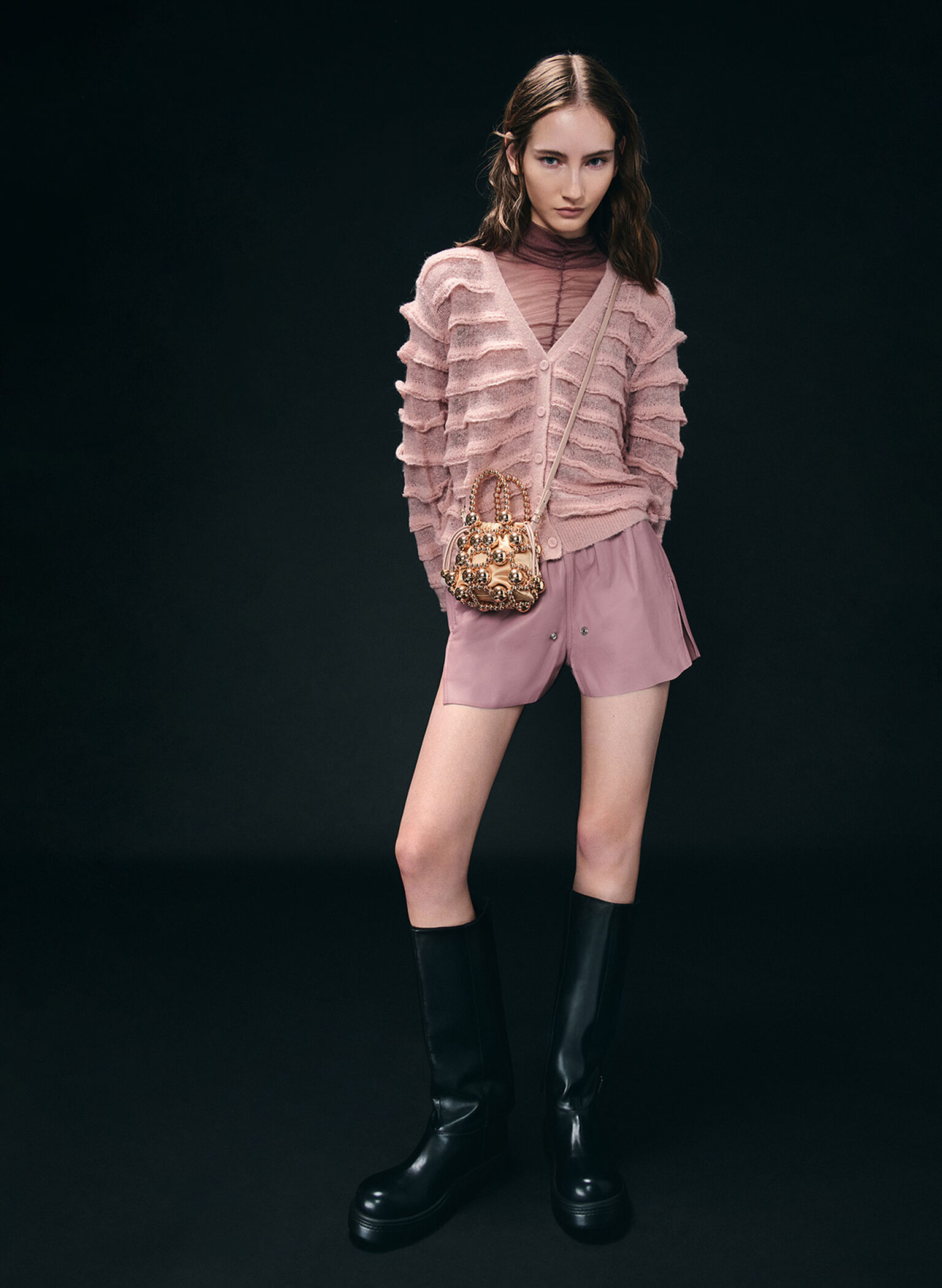 Metallic Beaded Top Handle Bag, Rose Gold, hi-res