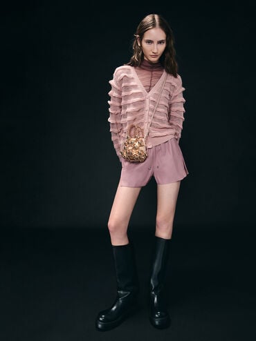 Metallic Beaded Top Handle Bag, Rose Gold, hi-res