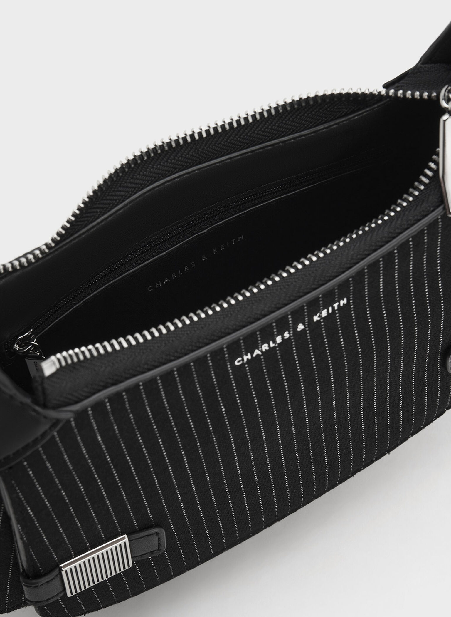 Striped Metallic-Accent Curved Shoulder Bag, Dark Grey, hi-res