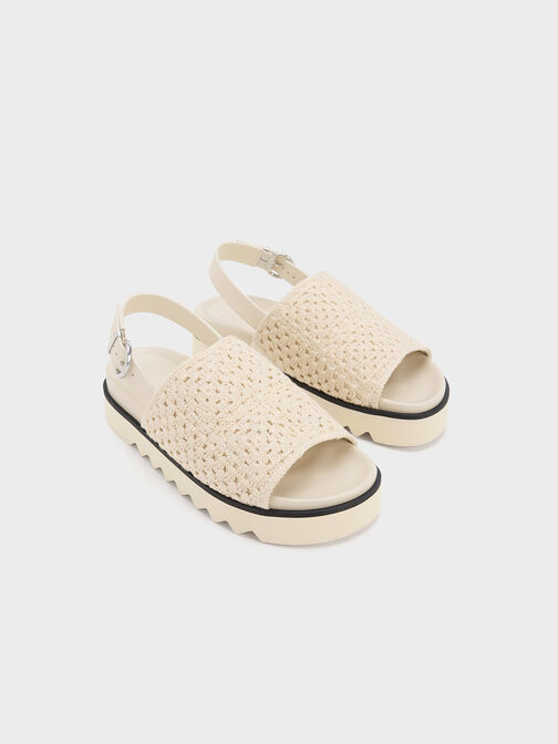 Crochet & Leather Slingback Sandals, Chalk, hi-res