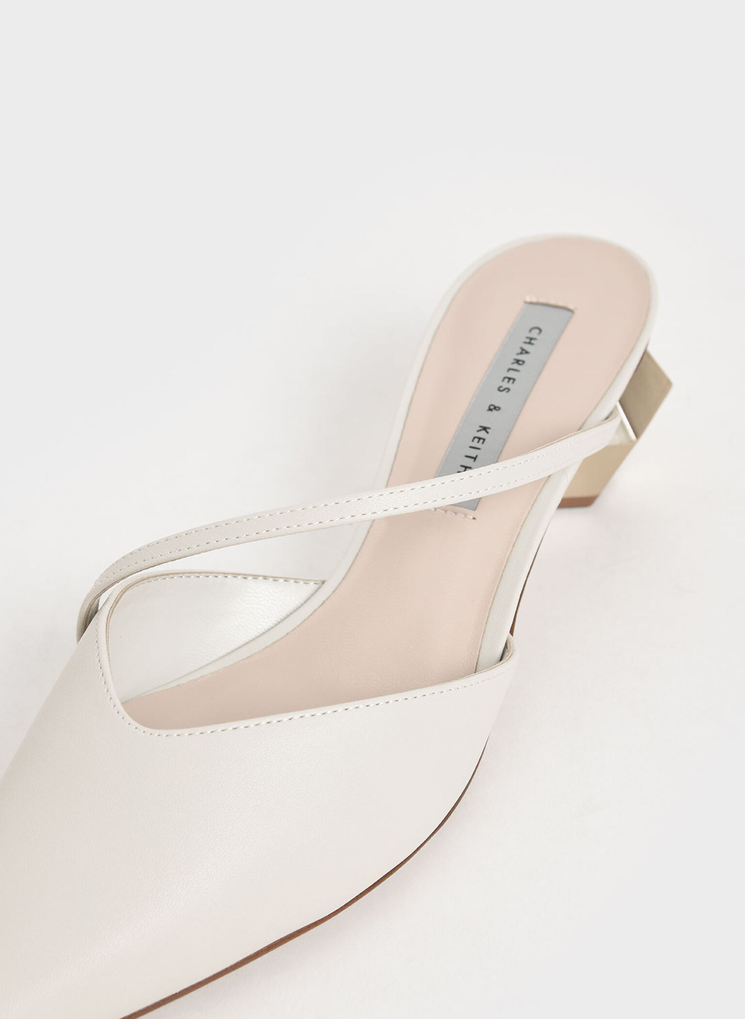 Asymmetric Strap Chrome Heel Mules, Chalk, hi-res