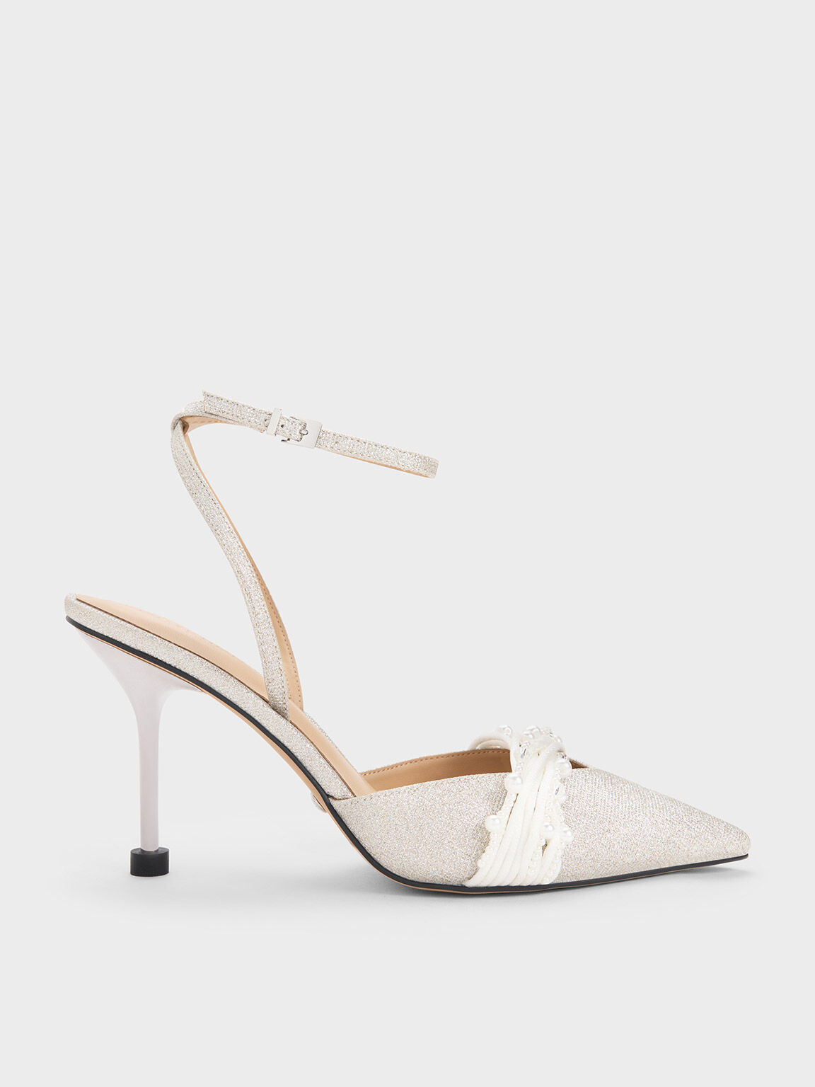 Leda Beaded Glittered Ankle Strap Pumps Silver