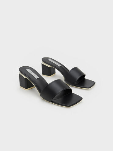 Square Block Heel Mules, Black, hi-res