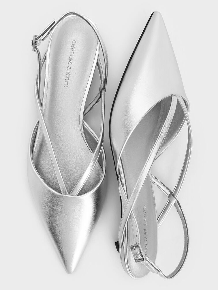 Metallic V-Strap Pointed-Toe Slingback Kitten Heels, Silver, hi-res
