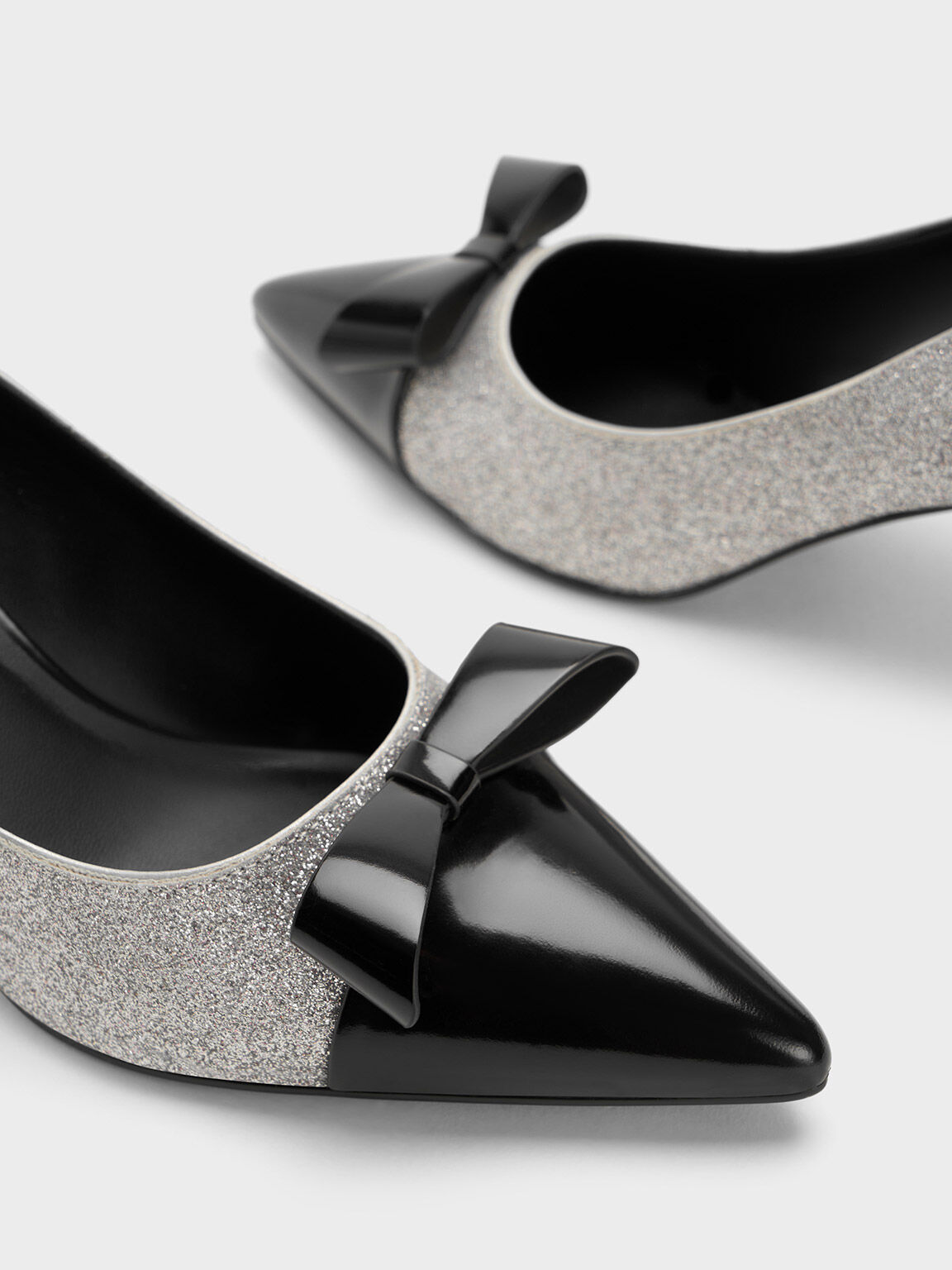 Leather Glittered Pointed Toe Heels Silver
