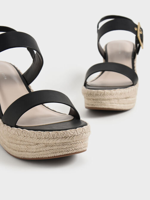 Buckled Espadrille Wedges, Black, hi-res