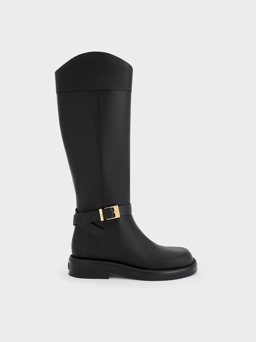 Leather Buckled-Strap Knee-High Boots, Black, hi-res