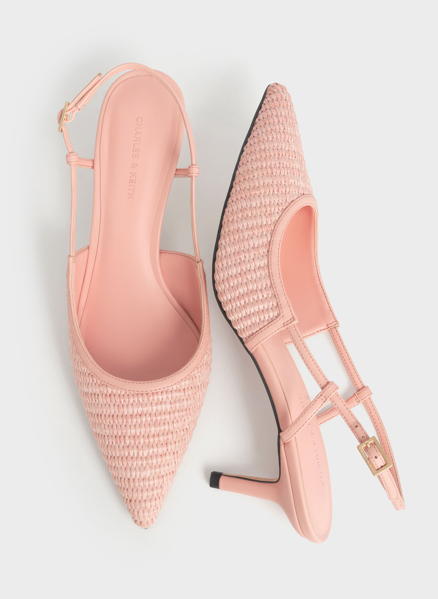 Raffia Pointed-Toe Slingback Pumps, Peach, hi-res