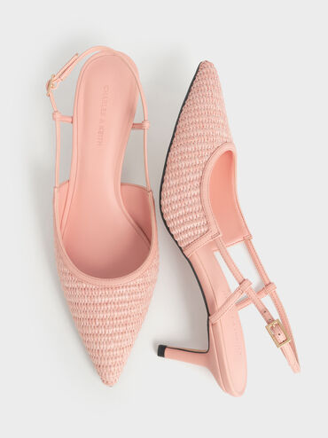 Raffia Pointed-Toe Slingback Pumps, Peach, hi-res