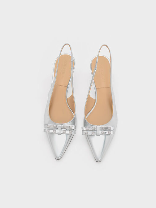 Bow Crystal-Embellished Metallic Leather Slingback Pumps, Silver, hi-res