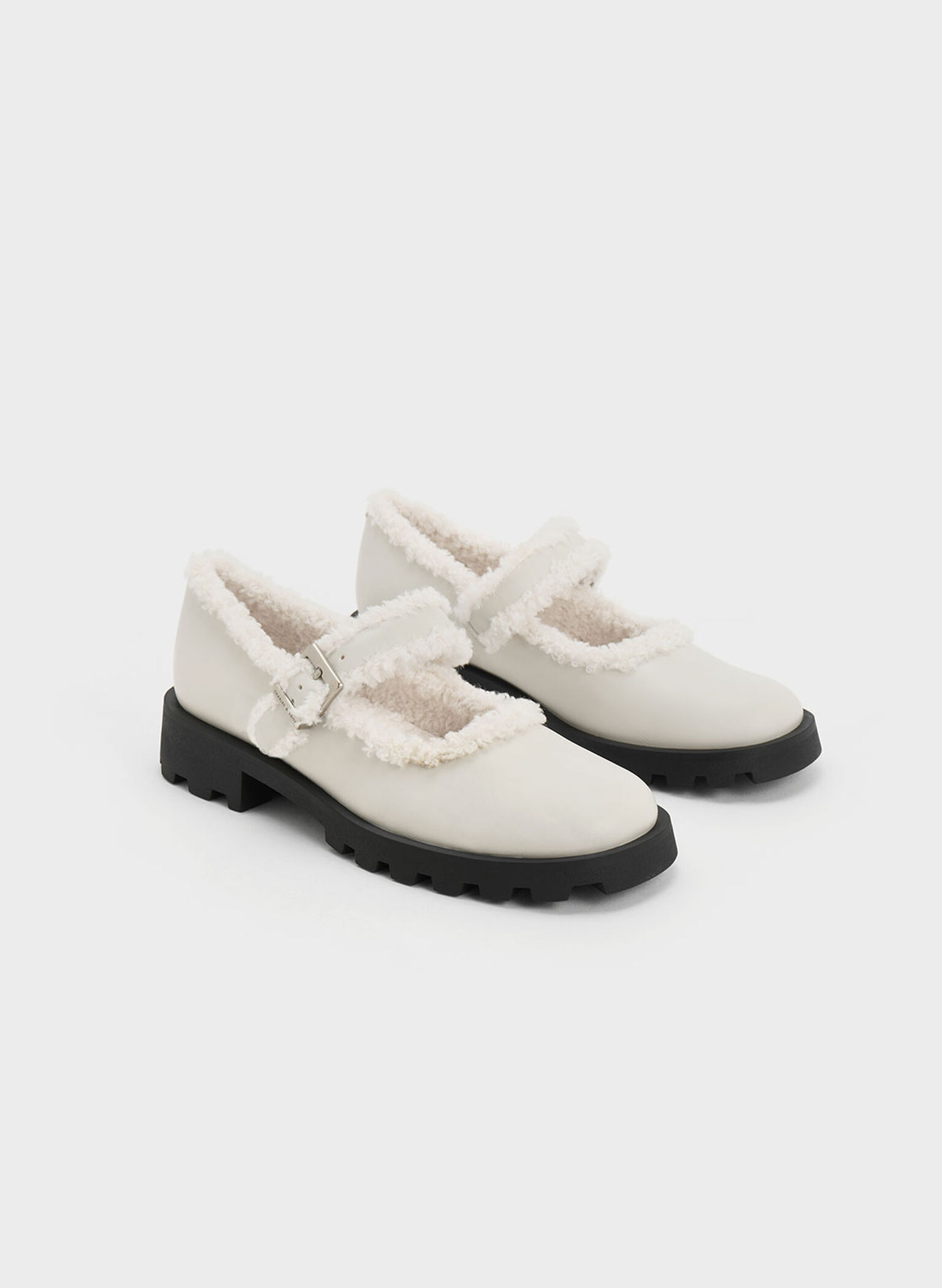 Fur-Trim Buckled Mary Janes, Chalk, hi-res