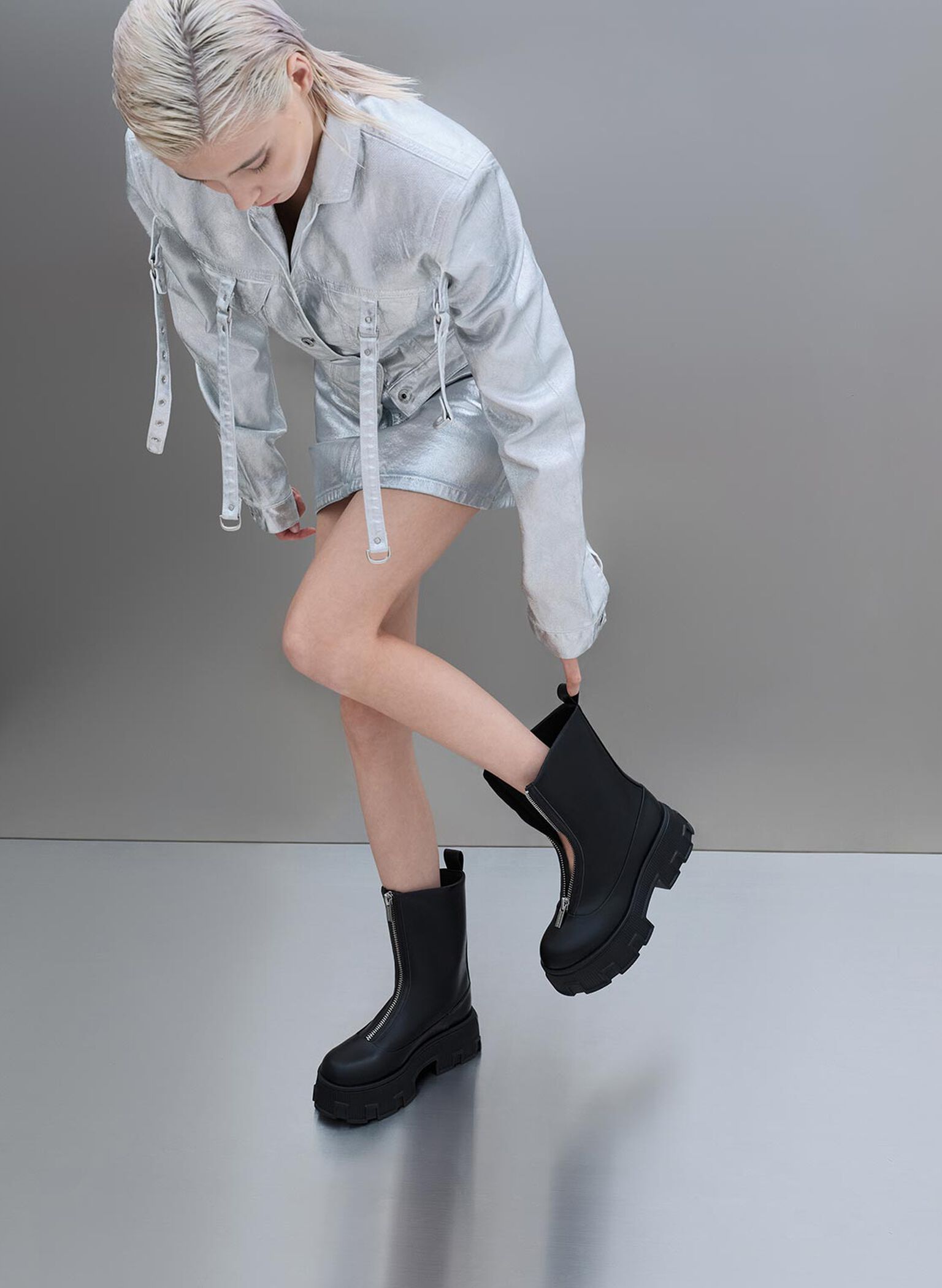 Zip-Up Platform Calf Boots, Black, hi-res
