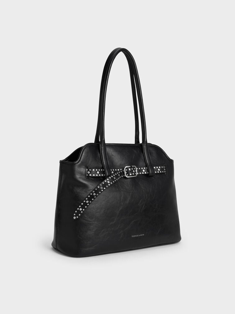 Victoria Studded Belted Trapeze Tote Bag, Noir, hi-res