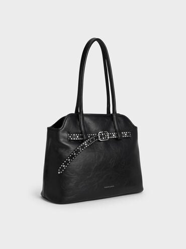 Victoria Studded Belted Trapeze Tote Bag, Noir, hi-res