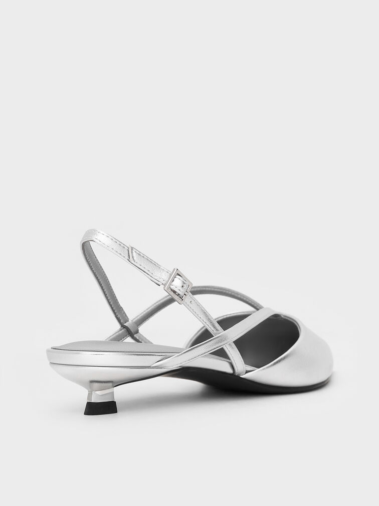 Metallic V-Strap Pointed-Toe Slingback Kitten Heels, Silver, hi-res