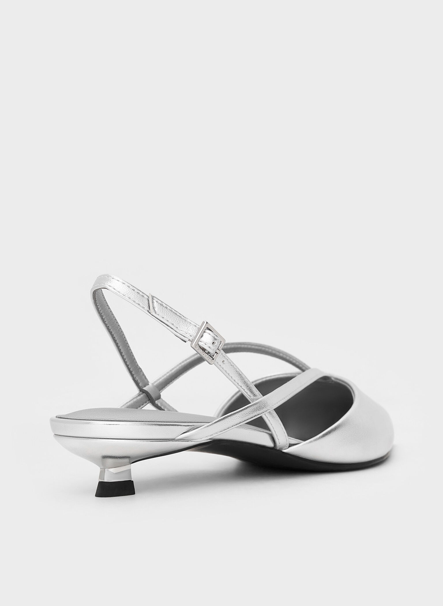 Metallic V-Strap Pointed-Toe Slingback Kitten Heels, Silver, hi-res