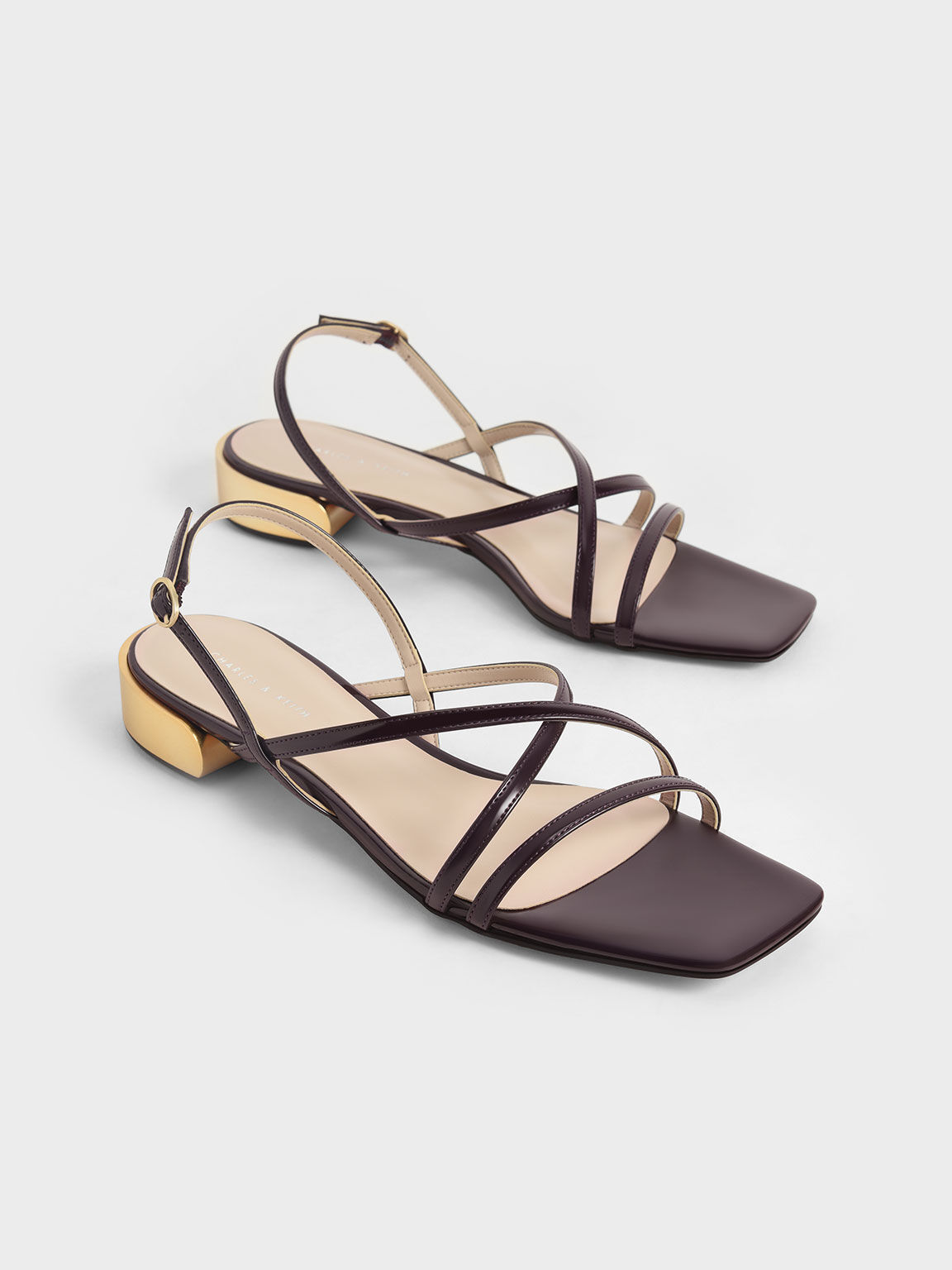 Patent Strappy Slingback Sandals, Maroon, hi-res