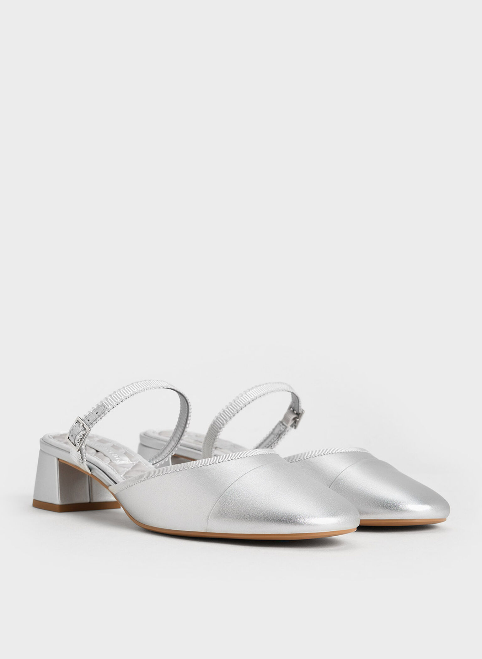 Buckled-Strap Trapeze-Heel Mules, Silver, hi-res