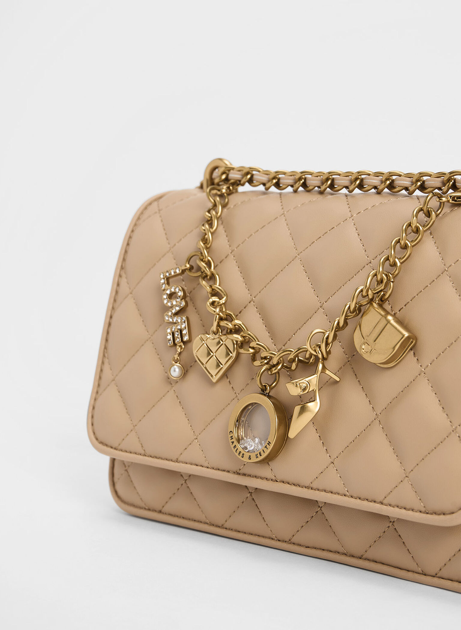 Charm-Embellished Quilted Clutch, Nude, hi-res