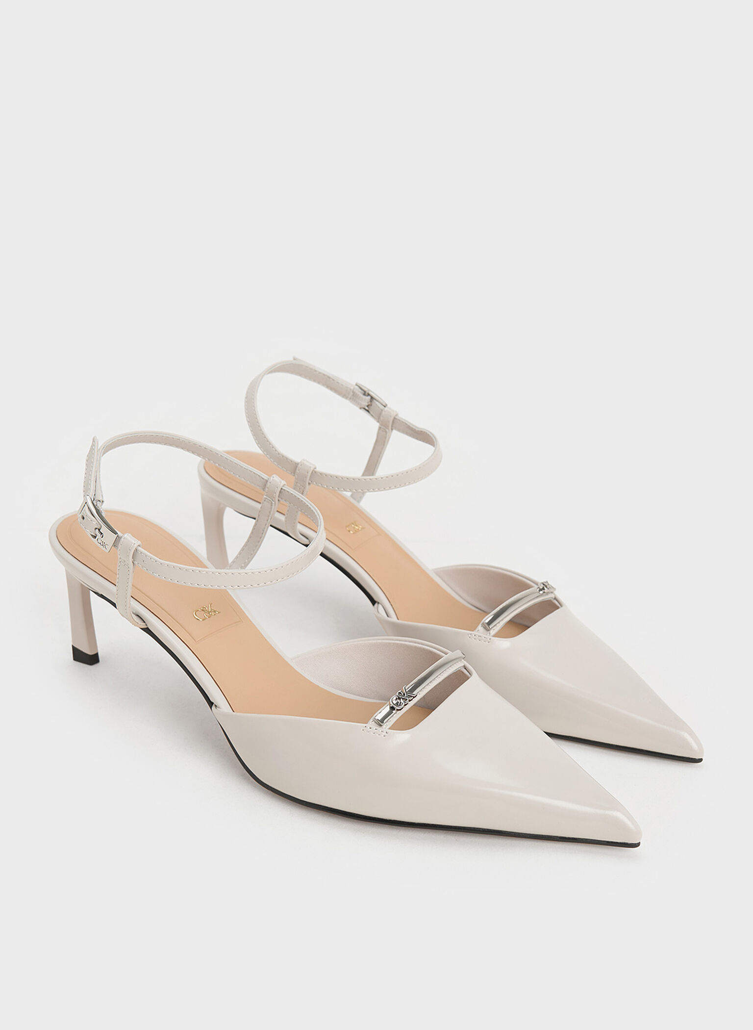 Leather Kitten-Heel Ankle-Strap Pointed-Toe Pumps, Light Grey, hi-res