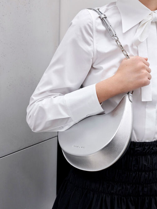Olivia Metallic Moon Bag, Silver, hi-res