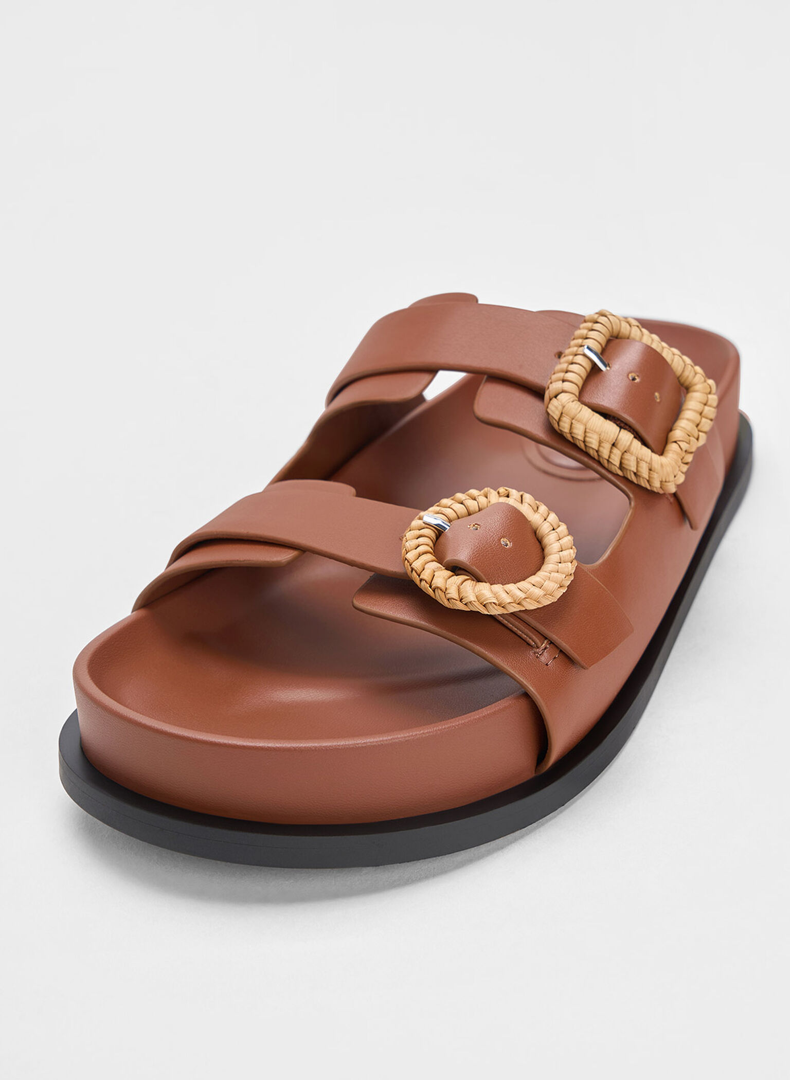 Woven-Buckle Double-Strap Sandals, Brown, hi-res