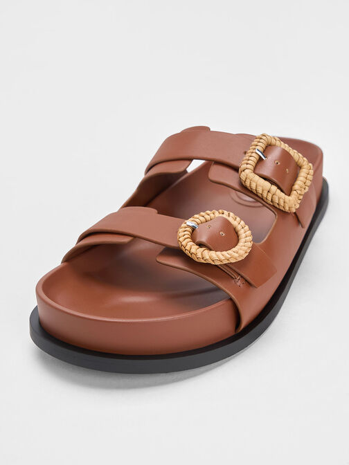 Woven-Buckle Double-Strap Sandals, Brown, hi-res