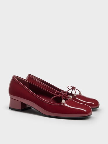 Barbara Patent Pearl-Embellished Bow Ballet Pumps, Red, hi-res