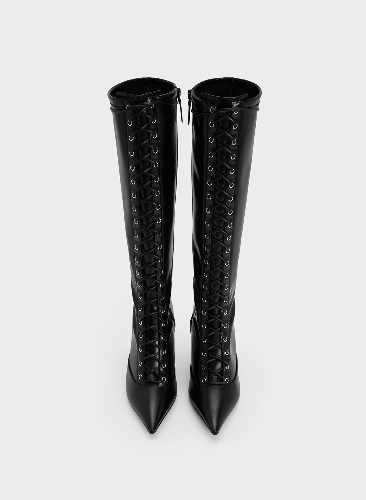 Lace-Up Pointed-Toe Knee-High Boots, Black, hi-res