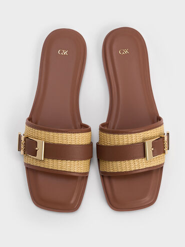Whitney Leather & Raffia Buckled Slide Sandals, Brown, hi-res