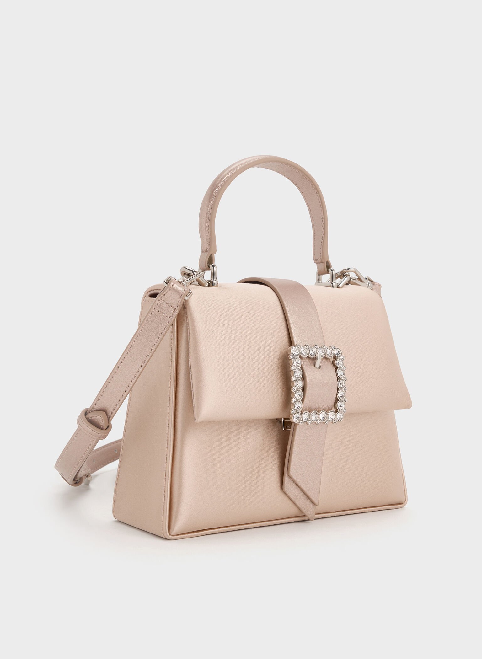 Satin Crystal-Buckle Belted Top Handle Bag, Sunset Nude, hi-res