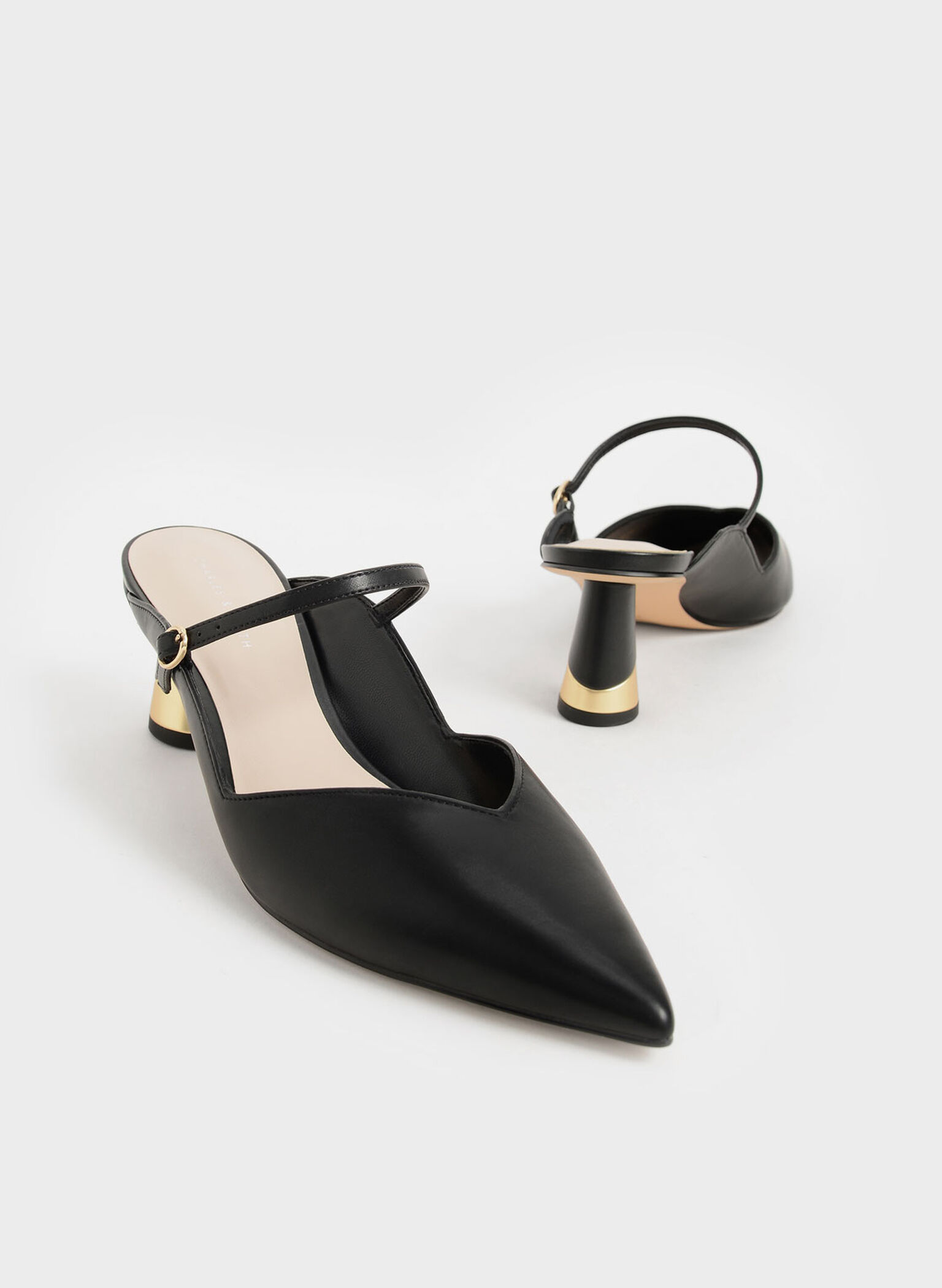 Metallic Sculptural Heel Mules, Black, hi-res