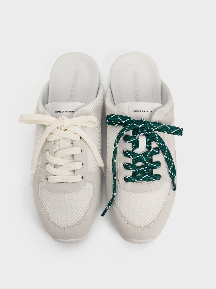 Mesh Patterned-Lace Slip-On Sneakers, White, hi-res