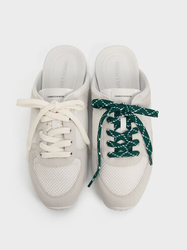 Mesh Patterned-Lace Slip-On Sneakers, White, hi-res