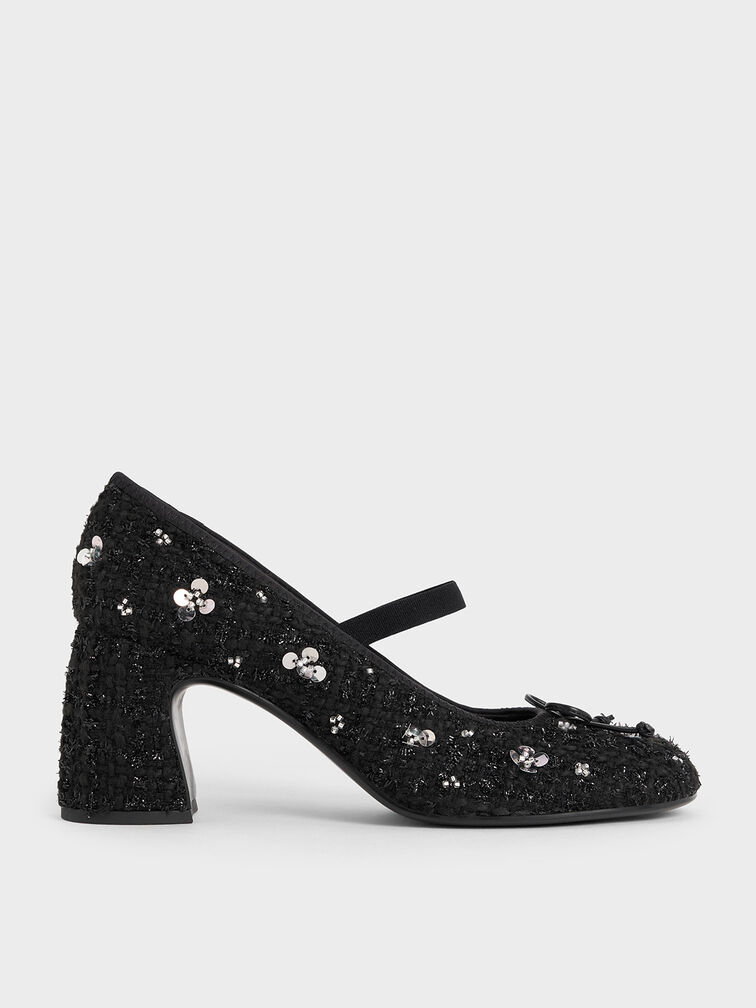Mino Tweed Sequin-Flower Mary Jane Pumps, Black Textured, hi-res